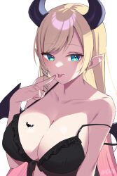 Rule 34 | 1girl, :p, babydoll, bat tattoo, black babydoll, black horns, blonde hair, blue eyes, breast tattoo, breasts, demon girl, demon horns, demon wings, finger to mouth, frilled babydoll, front-tie top, gradient hair, hair ribbon, highres, hololive, horns, large breasts, long hair, looking at viewer, multicolored hair, pink hair, pink nails, pointy ears, ribbon, simple background, solo, strap slip, swept bangs, tattoo, tongue, tongue out, twitter username, underwear, underwear only, upper body, virtual youtuber, white background, white ribbon, winged heart, wings, you06, yuzuki choco