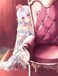 Rule 34 | 1girl, armchair, bad id, bad pixiv id, blush, breasts, chair, closed mouth, collarbone, commentary, crown, dress, frilled dress, frills, gloves, grey footwear, hair between eyes, highres, huyou (awegk), indoors, large breasts, long hair, luigi&#039;s mansion, mario (series), mini crown, new super mario bros. u deluxe, nintendo, on one knee, peeking out, princess king boo, purple eyes, see-through, shoes, silver hair, solo, super crown, very long hair, white dress, white gloves