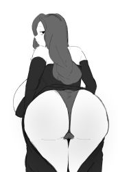 Rule 34 | 1girl, ass, ass focus, bags under eyes, black dress, black hair, breasts, cameltoe, dress, fujou joshi, greyscale, huge breasts, long hair, looking at viewer, looking back, monochrome, original, panties, simple background, solo, strapless, underwear, white background