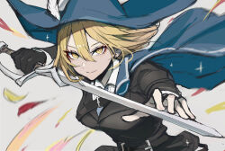 Rule 34 | 1girl, belt, black belt, black gloves, black jacket, black pants, blonde hair, blue cape, blue headwear, cape, chuhaibane, closed mouth, collared shirt, don quixote (project moon), gloves, hand on weapon, hands up, highres, holding, holding sword, holding weapon, jacket, limbus company, looking at viewer, pants, project moon, shirt, short hair, smile, solo, sparkling eyes, sword, weapon, white shirt, yellow eyes