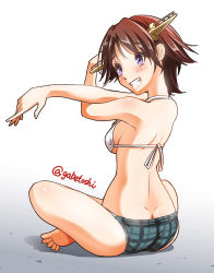 Rule 34 | 10s, 1girl, ass, back, barefoot, bikini, blush, breasts, brown hair, butt crack, dimples of venus, from behind, full body, grin, hairband, headgear, hiei (kancolle), indian style, kantai collection, looking back, parted lips, purple eyes, short hair, sideboob, sitting, smile, sogabe toshinori, solo, stretching, swimsuit, twitter username