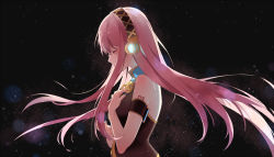 Rule 34 | 1girl, bare shoulders, black background, blue nails, crying, glowing, hand on own chest, headphones, highres, long hair, megurine luka, nail polish, pink hair, profile, samfree (&quot;night&quot; songs), sano takayuki (samfree), satonishi, solo, tears, upper body, very long hair, vocaloid