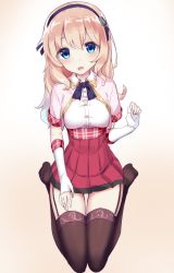 Rule 34 | 1girl, :d, azur lane, blonde hair, blue eyes, bow, bowtie, cropped jacket, fingerless gloves, from above, garter straps, gloves, hairband, hand on lap, high-waist skirt, leander (azur lane), long hair, looking at viewer, open mouth, plaid, pleated skirt, remodel (azur lane), seiza, sitting, skirt, smile, solo, tenrai, thighhighs
