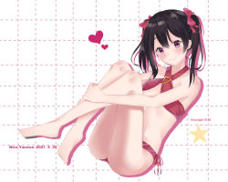 Rule 34 | 1girl, artist name, artist request, bare legs, bare shoulders, barefoot, bikini, bikini skirt, black hair, blush, bow, breasts, checkered background, cleavage, collarbone, criss-cross halter, feet, female focus, flat chest, flower, full body, hair between eyes, hair bow, hair flower, hair ornament, halterneck, hands on own knees, heart, heart (symbol), highres, holding, holding legs, long hair, looking at viewer, love live!, love live! school idol festival, love live! school idol project, lowlight1010, parted lips, red bikini, red eyes, shangri-la shower, short hair, short twintails, side-tie bikini bottom, small breasts, smile, solo, star (symbol), swimsuit, twintails, white background, white flower, yazawa nico