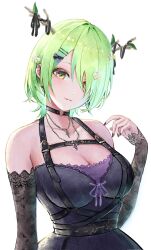 Rule 34 | 1girl, black dress, black nails, breasts, ceres fauna, ceres fauna (goth), cleavage, detached sleeves, dress, flower, green hair, hair flower, hair ornament, hair over one eye, highres, hololive, hololive english, large breasts, mole, mole under eye, short hair, tomozoo83, virtual youtuber, white background, yellow eyes