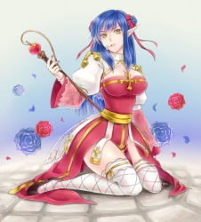 Rule 34 | 1girl, arch bishop (ragnarok online), blue flower, blue hair, breasts, brown footwear, cleavage, cleavage cutout, clothing cutout, commentary request, double bun, dress, fishnet thighhighs, fishnets, flower, flower in mouth, full body, hair bun, high heels, holding, holding staff, juliet sleeves, long hair, long sleeves, looking at viewer, medium breasts, misuguu, pointy ears, puffy sleeves, ragnarok online, red dress, red flower, red ribbon, ribbon, sash, sidelocks, sitting, solo, staff, thighhighs, two-tone dress, wariza, white dress, white flower, white thighhighs, yellow eyes, yellow sash