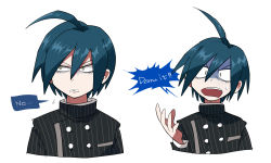 Rule 34 | 1boy, ahoge, annoyed, bags under eyes, buttons, clenched teeth, commentary request, cropped shoulders, danganronpa (series), danganronpa v3: killing harmony, double-breasted, expressions, furukawa (yomawari), green hair, highres, jacket, long sleeves, looking at viewer, male focus, multiple views, open mouth, saihara shuichi, shaded face, simple background, speech bubble, striped clothes, striped jacket, teeth, upper body, vertical stripes, white background