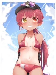 Rule 34 | 1girl, absurdres, aged down, bikini, blush, breasts, hair ribbon, hat, heterochromia, highres, hololive, houshou marine, houshou marine (summer), large breasts, long hair, looking at viewer, navel, one-piece tan, open mouth, pepushi drow, ponytail, red eyes, red hair, ribbon, smile, solo, swimsuit, tan, tanline, virtual youtuber, yellow eyes