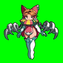 Rule 34 | 1girl, benikurage (cookie), boots, bright pupils, brown eyes, brown hair, claw (weapon), commentary request, cookie (touhou), covered mouth, elbow gloves, floating, full body, gloves, green eyes, hakurei reimu, highres, looking to the side, mecha musume, medium bangs, no panties, parted bangs, short hair, simple background, solo, thigh boots, tonchamon san, touhou, weapon, white footwear, white gloves, white pupils