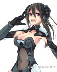 Rule 34 | 1girl, armor, black eyes, black gloves, black hair, breasts, cleavage, collarbone, date a live, floating hair, gloves, hair between eyes, hibiki mio, kusakabe ryouko (date a live), leotard, long hair, medium breasts, navel, open mouth, pauldrons, see-through, shoulder armor, sideboob, solo, standing, strapless, strapless leotard, upper body, white background