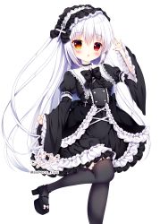 Rule 34 | 1girl, arm up, black bow, black choker, black dress, black footwear, black thighhighs, blush, bow, brown eyes, chestnut mouth, choker, commentary request, cross, dress, fingernails, frilled dress, frills, fuxiyu, garter straps, gothic lolita, hair between eyes, hairband, high heels, highres, juliet sleeves, lace, lace-trimmed legwear, lace trim, latin cross, lolita fashion, lolita hairband, long hair, long sleeves, mary janes, original, parted lips, puffy sleeves, red eyes, shoes, signature, simple background, sleeves past wrists, solo, standing, standing on one leg, thighhighs, twitter username, very long hair, white background, white bow, white hair, wide sleeves