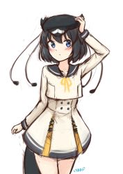 Rule 34 | 1girl, absurdres, alternate costume, arm up, black hair, black hat, blue eyes, blush, cowboy shot, hand on headwear, hat, highres, kemono friends, long sleeves, looking at viewer, sailor collar, shiraha maru, short hair, signature, simple background, sketch, solo, tail, western parotia (kemono friends), white background