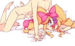 Rule 34 | 1boy, 1girl, :d, ass, bed sheet, blonde hair, blue eyes, blush, bow, commentary, feet up, hair bow, happy sex, harime nui, heart, heart-shaped pupils, hetero, kill la kill, long hair, lying, nose blush, on stomach, one eye covered, open mouth, pink bow, prone bone, rtil, sex, sex from behind, sheet grab, smile, solo focus, symbol-shaped pupils