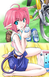 Rule 34 | 1girl, ahoge, barefoot, belt, bicycle, blanket, blue eyes, bob cut, bottle, camisole, choker, demon girl, demon tail, denim, denim shorts, devil girl, feet, from side, grass, looking at viewer, midriff, nakajima rei, outdoors, pink hair, pointy ears, ringed eyes, sandals, shoes, unworn shoes, short hair, shorts, sitting, sneakers, soles, solo, tail, tail hole, toes, wariza, water bottle