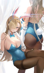 Rule 34 | 1girl, absurdres, animal ears, ass, asuna (blue archive), asuna (bunny) (blue archive), bare shoulders, blonde hair, blue archive, blue bow, blue eyes, blue leotard, blue neckwear, blush, bow, bowtie, breasts, brown pantyhose, cleavage, commentary, detached collar, elbow gloves, fake animal ears, finger to mouth, from behind, gloves, grin, hair ornament, hair over one eye, hairband, hand up, highres, large breasts, leotard, lips, long hair, looking at viewer, mole, mole on breast, moon (yfsp7823), multiple views, pantyhose, parted bangs, parted lips, playboy bunny, rabbit ears, rabbit tail, shiny skin, simple background, smile, strapless, strapless leotard, symbol-only commentary, tail, traditional bowtie, very long hair, white gloves, white hairband