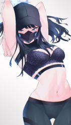 Rule 34 | 1girl, absurdres, armpits, arms up, baseball cap, belt, black hair, black tank top, blue archive, blue eyes, blue hair, bra, buckle, clothes lift, floral print, green pantyhose, hat, highres, kazane-wind, lace, lace bra, lace trim, long hair, looking at viewer, mask, midriff, multicolored hair, navel, pantyhose, purple bra, saori (blue archive), shirt lift, simple background, sleeveless, solo, tank top, two-tone hair, underwear, white background