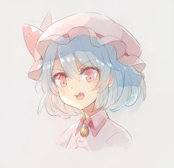 Rule 34 | 1girl, 60mai, blue hair, blush, brooch, commentary request, cropped torso, dress, fang, grey background, hair between eyes, hat, hat ribbon, jewelry, mob cap, open mouth, pink dress, pink hat, portrait, red eyes, red ribbon, remilia scarlet, ribbon, short hair, simple background, solo, touhou, v-shaped eyebrows, wing collar