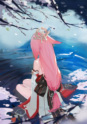 Rule 34 | 1girl, absurdres, animal ears, bare shoulders, cherry blossoms, detached sleeves, falling petals, fishofthelakes, fox ears, from above, from behind, genshin impact, hair ornament, highres, japanese clothes, long hair, low-tied long hair, miko, petals, pink hair, priestess, ripples, sitting, solo, water, wide sleeves, yae miko