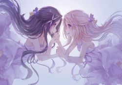 Rule 34 | 2girls, 54hao, :d, bare arms, bare shoulders, bell, blonde hair, blush, breasts, cleavage, collarbone, commentary request, dress, eye contact, floating hair, hair bell, hair ornament, highres, holding hands, interlocked fingers, long hair, looking at another, multiple girls, open mouth, original, parted bangs, profile, purple dress, purple eyes, purple hair, siblings, sidelocks, sisters, sleeveless, sleeveless dress, small breasts, smile, sundress, twins, very long hair, x hair ornament