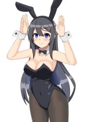 Rule 34 | 10s, 1girl, animal ears, bare arms, bare shoulders, black bow, black bowtie, black hair, black leotard, black pantyhose, blue eyes, blush, bow, bowtie, breasts, c:, cleavage, closed mouth, covered navel, detached collar, fake animal ears, female focus, hair between eyes, hair ornament, hairclip, hands up, iseshi, large breasts, leotard, long hair, looking at viewer, pantyhose, playboy bunny, rabbit ears, rabbit pose, rabbit tail, sakurajima mai, seishun buta yarou, simple background, smile, solo, standing, strapless, strapless leotard, tail, very long hair, white background, wrist cuffs