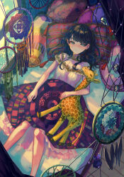 Rule 34 | 1girl, absurdres, aqua eyes, black hair, blanket, blush, choppy bangs, closed mouth, curtains, dream catcher, dress, embroidery, feet out of frame, highres, holding, holding stuffed toy, indoors, long hair, looking at viewer, lying, medium dress, on back, on bed, original, pillow, see-through, see-through sleeves, short sleeves, solo, stuffed animal, stuffed giraffe, stuffed toy, tassel, terusuzuzu, under covers, wavy hair, white dress, window
