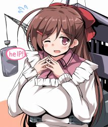 Rule 34 | 10s, 1girl, apron, breasts, brown hair, english text, female focus, hair ornament, hairclip, kantai collection, large breasts, long hair, looking at viewer, machinery, mamiya (kancolle), one eye closed, open mouth, pink eyes, solo, tsuzuri (tuzuri), upper body