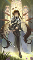 Rule 34 | 1girl, absurdres, architecture, arknights, arm support, ascot, backlighting, belt, belt buckle, black ascot, black belt, black bustier, black footwear, black garter straps, black gloves, black skirt, black thighhighs, blonde hair, blurry, blurry background, blurry foreground, bright pupils, broken halo, brown eyes, brown hair, brown halo, brown wings, buckle, bustier, buttons, church, collared jacket, colored inner hair, commentary, culijiangguocha, dark halo, day, depth of field, detached wings, dress shirt, energy wings, finger to mouth, flower, garter straps, gloves, grass, grey shirt, grin, halo, hand up, high heels, highres, index finger raised, indoors, jacket, lace, lace-trimmed skirt, lace trim, layered sleeves, leg up, legs, lens flare, light particles, lips, long hair, long sleeves, looking at viewer, miniskirt, mole, mole under eye, multicolored hair, parted lips, pleated skirt, purple flower, shadow, shirt, short-sleeved jacket, short over long sleeves, short sleeves, sidelocks, sitting, skirt, smile, solo, stained glass, straight hair, strap, strappy heels, sunlight, teeth, thighhighs, thighs, two-tone hair, very long hair, virtuosa (arknights), white jacket, white pupils, wide sleeves, wing collar, wings, zettai ryouiki