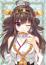 Rule 34 | 10s, 1girl, ahoge, ameto yuki, bare shoulders, blush, brown hair, character name, cup, detached sleeves, hair ornament, hairband, headgear, kantai collection, kongou (kancolle), long hair, looking at viewer, nontraditional miko, one eye closed, purple eyes, ribbon-trimmed sleeves, ribbon trim, simple background, smile, solo, steam, tea, teacup, translated, wide sleeves, wink