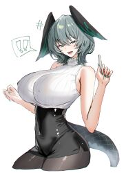 Rule 34 | !, !!, ..., 1girl, alternate costume, aqua eyes, aqua nails, arknights, armpit crease, bare arms, bare shoulders, black pantyhose, black skirt, black wings, breasts, chalk, commentary request, covered navel, cowboy shot, fingernails, grey hair, hand up, head wings, high-waist skirt, highres, ho&#039;olheyak (arknights), holding, holding chalk, horn/wood, huge breasts, latex skirt, nail polish, open mouth, pantyhose, ribbed shirt, sharp fingernails, shirt, short hair, simple background, skirt, sleeveless, sleeveless turtleneck, smile, snake tail, solo, spoken ellipsis, tail, turtleneck, white background, white shirt, wings