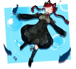 Rule 34 | 1girl, animal ears, bird, bow, braid, bubble, cat ears, cat tail, dress, drop shadow, fish, hair bow, kaenbyou rin, long sleeves, multiple tails, red hair, sleeping, solo, tail, touhou, twin braids, two tails, underwater, winu (hertrion), zzz