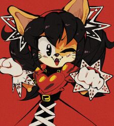 Rule 34 | 1girl, :3, absurdres, animal ears, animal nose, belt, black eyes, black hair, body fur, cat ears, cat girl, cat tail, cross-laced clothes, cross-laced dress, dress, fangs, female focus, flat chest, furry, furry female, gloves, hair ornament, hairband, hands up, happy, heart, highres, honey the cat, long dress, long hair, looking at viewer, nano (nanolovesyou), one eye closed, open mouth, paw pose, puffy short sleeves, puffy sleeves, red background, red dress, red hairband, short sleeves, sidelocks, simple background, smile, snout, solo, sonic (series), tail, twintails, two-tone fur, v-shaped eyebrows, white fur, white gloves, wink, yellow fur