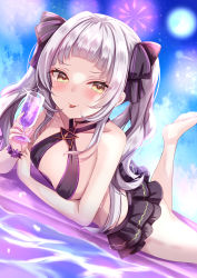 Rule 34 | 1girl, bare shoulders, barefoot, bikini, bikini skirt, black bikini, black bow, black choker, black ribbon, black skirt, blue sky, blush, bow, breasts, choker, closed mouth, cloud, cup, drinking glass, frilled skirt, frills, grey hair, hair ribbon, halterneck, highres, holding, holding cup, hololive, long hair, looking at viewer, lying, moon, murasaki shion, murasaki shion (hololive summer 2019), on stomach, ribbon, sidelocks, skirt, sky, small breasts, smile, soles, solo, surfboard, swimsuit, thighs, tongue, tongue out, twintails, two side up, virtual youtuber, water, wristband, yellow eyes, yuano