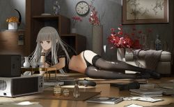 Rule 34 | 1girl, absurdres, arm support, black footwear, black panties, black thighhighs, blunt bangs, book, bracelet, clock, closed mouth, commentary, controller, crop top, cup, english commentary, full body, game controller, hand on own chin, headphones, headphones removed, highres, indoors, jewelry, loafers, long hair, lying, navel, on floor, on side, original, painting (object), panties, sc068, shelf, shoes, short sleeves, silver hair, smile, solo, table, thighhighs, thighs, torn clothes, torn thighhighs, underwear, vase, wooden floor