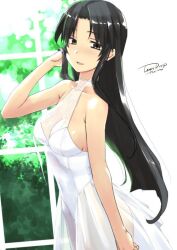 Rule 34 | 1girl, arm at side, artist name, bare shoulders, black hair, breasts, brown eyes, cleavage, dress, from side, hand in own hair, kashiwagi chizuru, kizuato, long hair, looking at viewer, medium breasts, parted bangs, parted lips, see-through, see-through cleavage, see-through dress, sideboob, sidelocks, solo, tsuina, turtleneck, turtleneck dress, upper body, vegetation, white dress, window