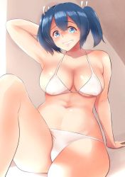 Rule 34 | 10s, 1girl, arm support, armpits, bifidus, bikini, blue eyes, blue hair, blush, breasts, curvy, female focus, gradient background, grin, hair ribbon, hand on own head, kantai collection, large breasts, looking at viewer, lying, matching hair/eyes, navel, on back, ribbon, short twintails, sideboob, sitting, smile, solo, souryuu (kancolle), stomach, swimsuit, twintails, wavy mouth, wide hips