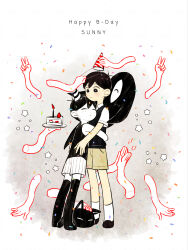 Rule 34 | 2boys, = =, black cat, black eyes, black footwear, black hair, black tank top, black thighhighs, black vest, cake, cake slice, cat, character name, child, closed eyes, colored skin, confetti, disembodied limb, dressing another, dual persona, food, from side, full body, happy birthday, hat, highres, hug, kneehighs, male focus, mewo, multiple boys, no sclera, omori, omori (omori), party hat, petting, shirt, shoes, short hair, short sleeves, shorts, simple background, socks, something (omori), standing, star (symbol), striped clothes, striped shorts, sunny (omori), tank top, thighhighs, toastytoast, vest, white background, white shirt, white shorts, white skin, white socks, wide-eyed, yellow shorts