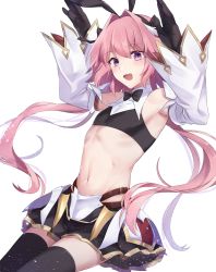 Rule 34 | 1boy, animal ears, astolfo (fate), astolfo (saber) (fate), bare shoulders, black bow, black gloves, black neckwear, black ribbon, bow, bowtie, fang, fate/apocrypha, fate/grand order, fate (series), gloves, hair intakes, highres, layered skirt, long hair, low twintails, male focus, midriff, multicolored hair, pink hair, purple eyes, rabbit ears, rabbit pose, remieru, ribbon, skin fang, skirt, streaked hair, trap, twintails, white hair, wing collar