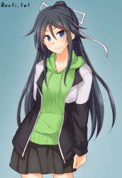 Rule 34 | 1girl, alternate costume, anti (untea9), black hair, black skirt, blue background, blue eyes, commentary request, contrapposto, cowboy shot, drawstring, gradient background, green sweater, hair ribbon, highres, hood, hooded sweater, hoodie, jacket, kantai collection, katsuragi (kancolle), long hair, multicolored clothes, multicolored jacket, pleated skirt, ponytail, ribbon, skirt, smile, solo, standing, sweater, twitter username, two-sided fabric, two-sided jacket, two-tone jacket, white ribbon