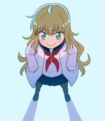 Rule 34 | &gt;:), 1girl, ahoge, black pantyhose, blue sailor collar, blue skirt, brown hair, closed mouth, commentary request, full body, green eyes, hair between eyes, hands in pockets, harunatsu akito, highres, lab coat, loafers, long hair, long sleeves, neckerchief, open clothes, original, pantyhose, pleated skirt, red neckerchief, sailor collar, school uniform, serafuku, shirt, shoes, skirt, smile, solo, standing, v-shaped eyebrows, very long hair, white shirt