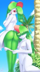 Rule 34 | 2girls, artist name, ass, blue sky, blush, breasts, bush, cloud, collarbone, creatures (company), day, embarrassed, female focus, from behind, galaxyoron, game freak, gen 3 pokemon, green hair, hair over eyes, hair over one eye, hand to own mouth, hands up, highres, kirlia, kneeling, long hair, looking back, looking down, medium breasts, multiple girls, navel, nintendo, nipples, no humans, open mouth, outdoors, palm tree, panties, panty pull, personification, pokemon, pokemon (creature), pokemon rgby, pussy, ralts, red eyes, short hair, signature, sky, smile, surprised, text focus, textless version, tree, uncensored, underwear, watermark, white panties