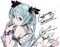 Rule 34 | 1girl, aqua hair, arm garter, bare shoulders, blue eyes, bracelet, dress, drink, drinking straw, from behind, green hair, hair ornament, hair ribbon, hairclip, hatsune miku, jewelry, long hair, looking back, mouth hold, purple eyes, redjuice, ribbon, signature, drinking, sleeveless, sleeveless dress, solo, twintails, vocaloid, world is mine (vocaloid)