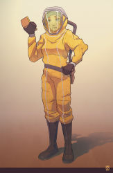 Rule 34 | 1girl, boots, gloves, hazmat suit, helmet, highres, mr very, oxygen tank, science fiction, solo, yellow theme