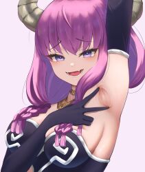 Rule 34 | 1girl, absurdres, arm between breasts, arm up, armpit focus, armpits, aura (sousou no frieren), bare shoulders, black gloves, blue eyes, blush, bodice, braid, breasts, choker, cleavage, commentary, demon girl, demon horns, elbow gloves, eyelashes, fang, gloves, gold necklace, highres, horns, jewelry, large breasts, lhoting, long hair, looking at viewer, low-tied long hair, multiple braids, necklace, open mouth, pink hair, presenting armpit, sideboob, simple background, skin fang, smile, solo, sousou no frieren, spread armpit, symbol-only commentary, twin braids, upper body, white background, white trim