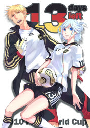 Rule 34 | 1boy, 1girl, 2010 fifa world cup, bad id, bad pixiv id, ball, bliss (ferment factory), blonde hair, blue eyes, germany, gloves, highres, jacket, red eyes, short hair, shorts, smile, soccer ball, teamgeist, white hair, world cup