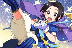 Rule 34 | 1boy, black hair, blue thighhighs, cape, gloves, gradient background, highres, idolmaster, idolmaster side-m, magical boy, male focus, official alternate costume, okamura nao, open mouth, puff and slash sleeves, puffy short sleeves, puffy sleeves, purple cape, purple eyes, sash, short sleeves, solo, staff, star (symbol), starry background, striped clothes, striped thighhighs, sweatdrop, takumi (scya), thighhighs, white gloves