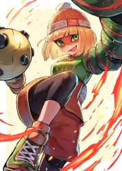 Rule 34 | 1girl, @ @, arms (game), beanie, blonde hair, fire, green eyes, hat, highres, kuroi susumu, leg up, mask, min min (arms), shoes, shorts, smile, sneakers, solo