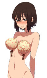 Rule 34 | 1girl, bare shoulders, black hair, blush, bottomless, breasts, brown eyes, brown hair, bun cover, character request, embarrassed, female focus, fumitan (humitan), groin, highres, looking at viewer, navel, no panties, out-of-frame censoring, short hair, simple background, solo, white background