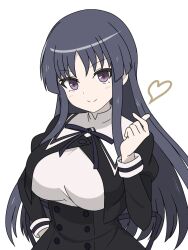 1girl assault_lily black_hair black_ribbon black_skirt breasts buttons closed_mouth commentary cropped_jacket finger_heart hand_on_own_hip hand_up high-waist_skirt highres juliet_sleeves kimassi large_breasts light_blush long_hair long_sleeves looking_at_viewer neck_ribbon puffy_sleeves ribbon school_uniform shirai_yuyu shirt sidelocks simple_background skirt smile solo standing upper_body white_background white_shirt yurigaoka_girls_academy_school_uniform