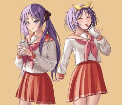 Rule 34 | 2girls, brown background, closed eyes, commentary, cowboy shot, cup, disposable cup, drink, drinking, drinking straw, drinking straw in mouth, english commentary, hairband, highres, hiiragi kagami, hiiragi tsukasa, holding, holding cup, holding drink, long hair, long sleeves, looking at viewer, lucky star, midriff peek, multiple girls, neckerchief, oeffe (oeffe blank), parted lips, pink neckerchief, purple eyes, purple hair, red sailor collar, red skirt, ryouou school uniform, sailor collar, school uniform, serafuku, short hair, siblings, simple background, sisters, skirt, standing, twins, twintails, winter uniform
