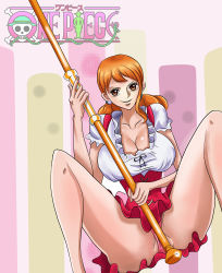 Rule 34 | 1girl, absurdres, bare shoulders, blush, breasts, cleavage, highres, huge breasts, jewelry, large breasts, long hair, nami (one piece), nami (one piece) (whole cake island), nipples, one piece, open mouth, orange hair, tattoo